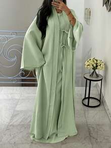 ANCHOSE Women's Middle Eastern Elegant Sleeveless Maxi Dress And Bowknot Long Cardigan Two Pieces Set - Bean Paste Green - View 1