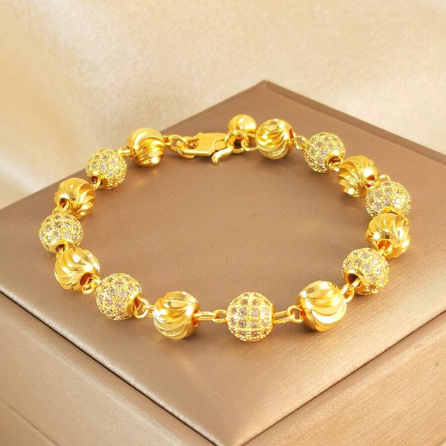 1pc 24k Gold Copper Plated Women's Charming Round Ball Inlaid Zirconia Bracelet Suitable For Parties, Gatherings, Seaside Tourism, Vacations, Saudi Arabia National Day Accessories Gifts - Yellow Gold - View 1