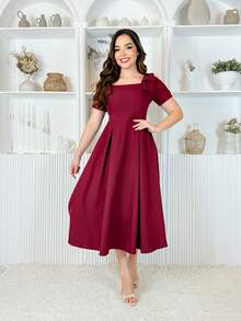 LivanModas Elegant Women's Viscose Dress With Sleeves And Bow Detail – Sophisticated Fashion - Màu Đỏ Sâu - Xem 2