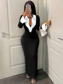 Women's Elegant Bodycon 2 In 1 Collared Patchwork Dress - Black - View 7