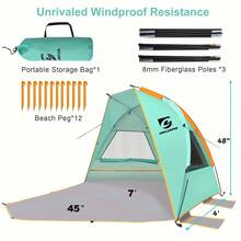 UNICAMPER Beach Tent 3 Person Sun Shelter UPF 50+ With Extended Waterproof Pe Floor & 3 Mesh Roll Up Windows Fits, Portable Beach Shade Easy Setup For Outdoor Camping, Indoor, Fishing, Yard. (Green) - Orange - View 4