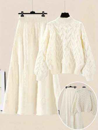 Plus Size 2 Pieces Set: Solid Color Lantern Sleeve Sweater & Knit Skirt, Autumn/Winter