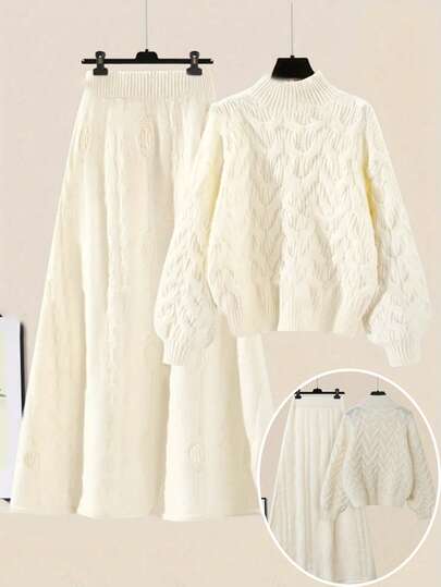 Plus Size 2 Pieces Set: Solid Color Lantern Sleeve Sweater & Knit Skirt, Autumn/Winter