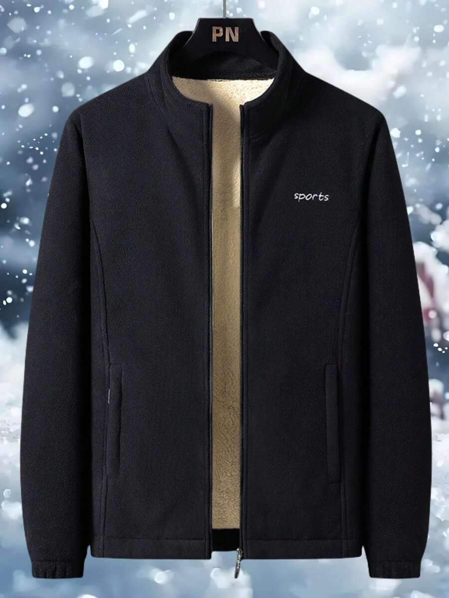 1件秋冬保暖羊羔绒男士外套，韩版时尚保暖立领外套 - 黑色 - 查看 1