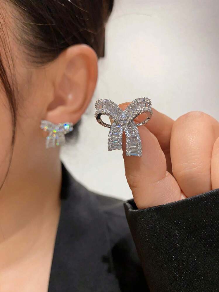 1pair Glamorous Copper Cubic Zirconia Bow Decor Stud Earrings For Women For Dating Gift Valentines,Mom,Mother,Mother's Day,Gift | SHEIN USA