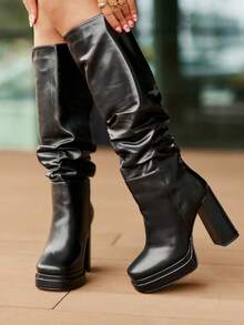 Damen Mode vielseitige Pendelstiefel mit hohem Absatz über dem Knie - Schwarz - Übersicht 5