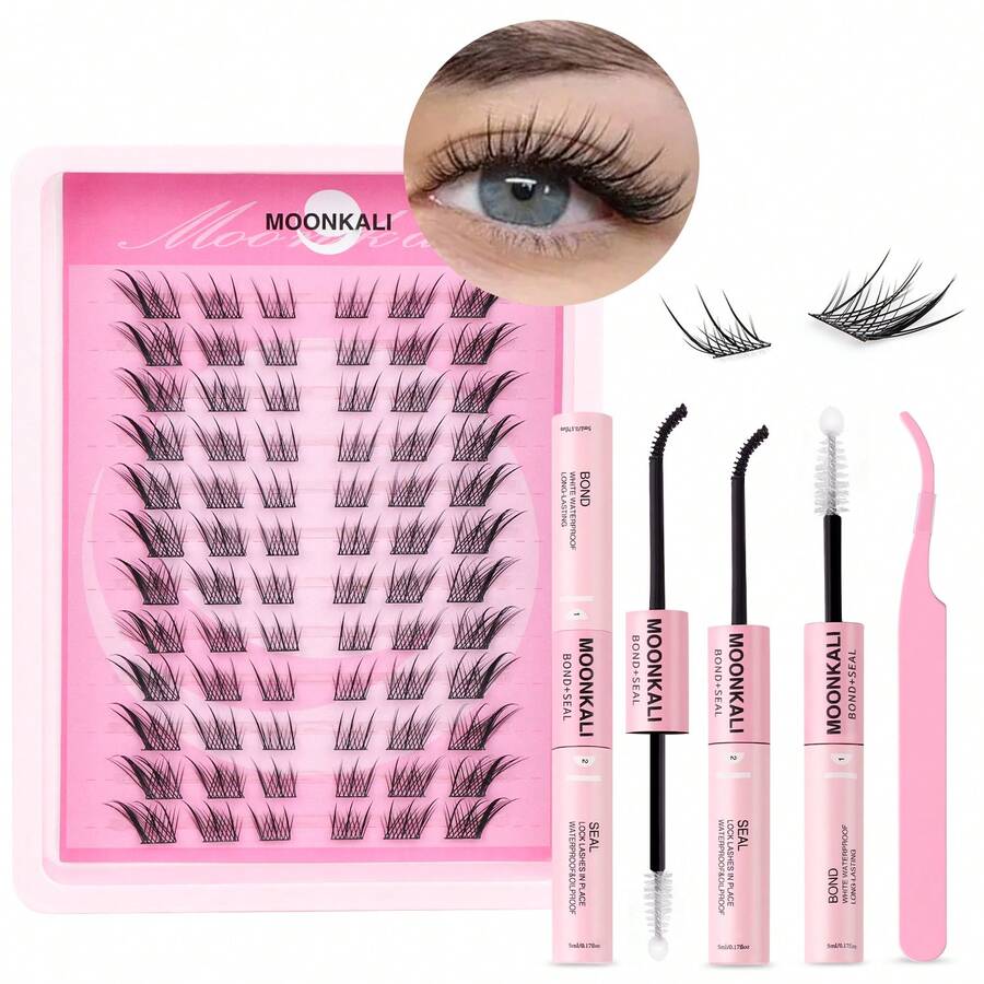 MOONKALI US Local Shipping,1Pack 24 Small Rows Manga Lashes Anime,Lashes Cluster Kit Fox Eye,Natural Eyelashes,Short False Eyelashes,Creating Charming Eye Makeup Black Individual Cluster False Eyelashes,5ml Glue Bond&Seal,Makeup Tweezer,Essential Makeup Items For Holiday Stage Gatherings - 黑色 - 查看 1