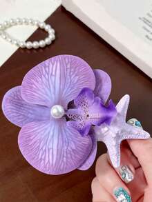 4 piezas de elegantes pasadores de pelo con forma de estrella de mar, concha y orquídea simulada, en estilo de resort de playa, accesorios de pelo versátiles para mujeres, accesorios para el cabello, accesorios para la cabeza - Multicolor - Ver 5