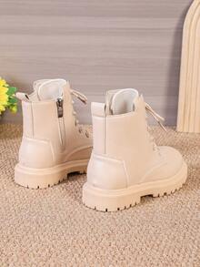 1 Pair Toddler/Kids Matte PU Leather Boots, Soft Lining, Side Zipper, Round Toe, Lace-Up, Thick Sole, Fashion Cute Mid-Calf Boots, Suitable For 3-12 Years Old Boys/Girls, Casual, Daily, Party, Vacation, Autumn/Winter - Beige - View 4