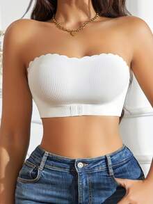 Women's Front Closure Strapless Bandeau Bra - Wireless Comfort Fit With Scalloped Edge Design, No Padding, Smooth Support For Elegant Back View, Casual & Formal Wear, Evening Wear, Elegant Undergarment, Smooth Fabric Construction - 白色 - 查看 4