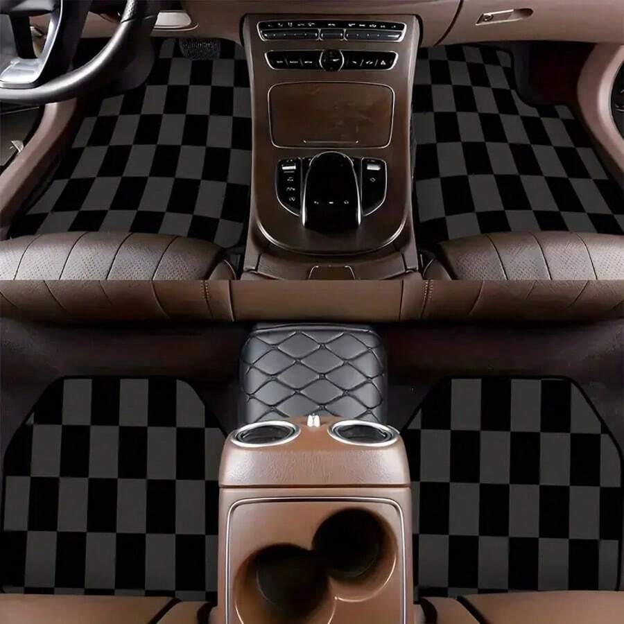 4pcs Classic Checkered Pattern Car Floor Mats, Non-Slip, Easy To Clean, Durable Polyester Material, Suitable For Sedans, SUVs And Trucks - All Season, Great Gift For Men And Women