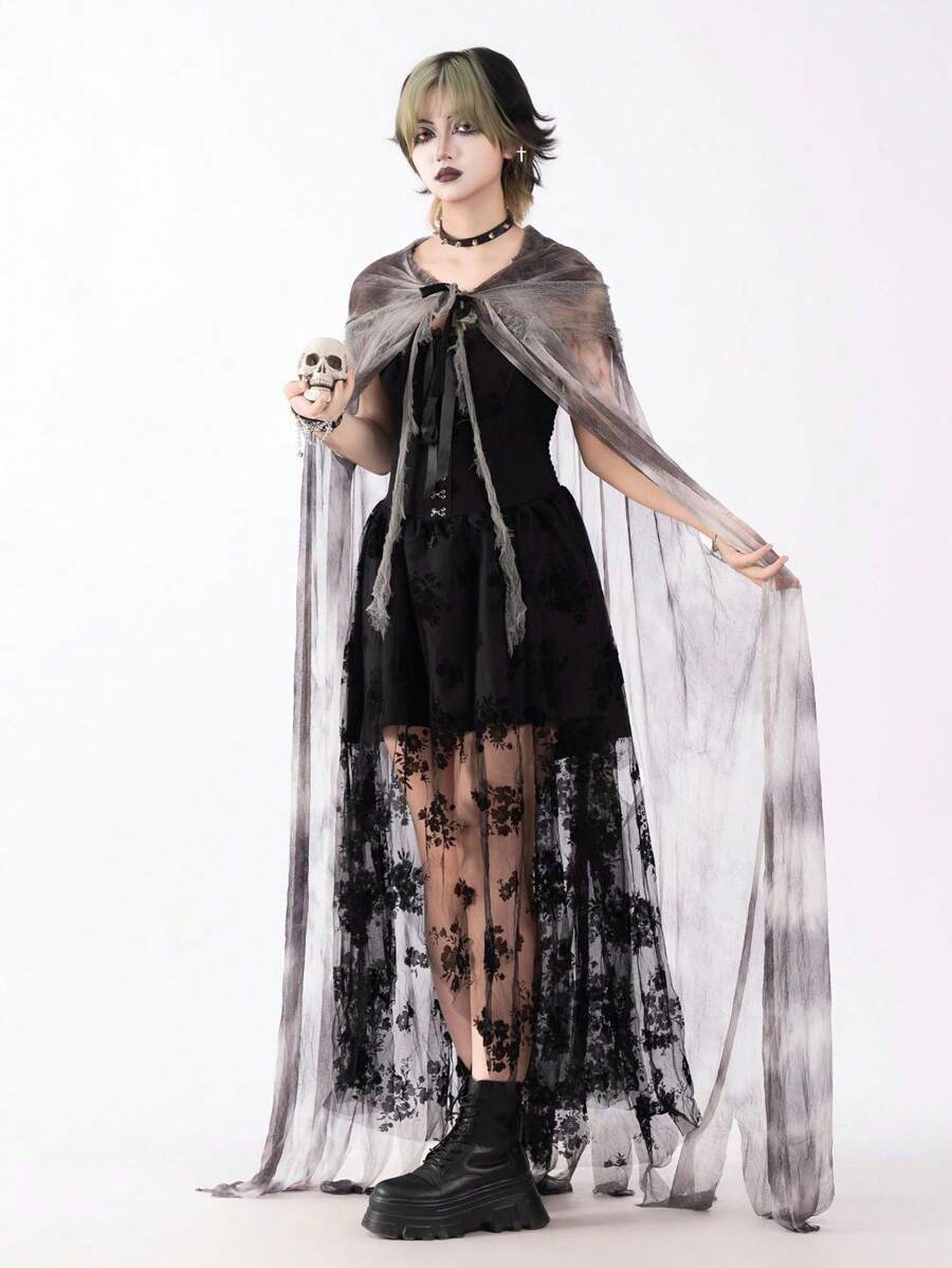 1件万圣节吸血鬼新娘披风，扎染巫师长袍披风，性感恶魔女巫披风，派对、节日、表演女巫服装披风道具 - 彩色 - 查看 1