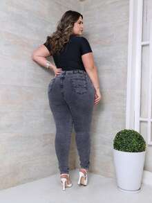 Women's Plus Size Jeans In Marbled Graphite, High Waist, Elastane And Butt Shaping - 石墨灰 - 查看 3