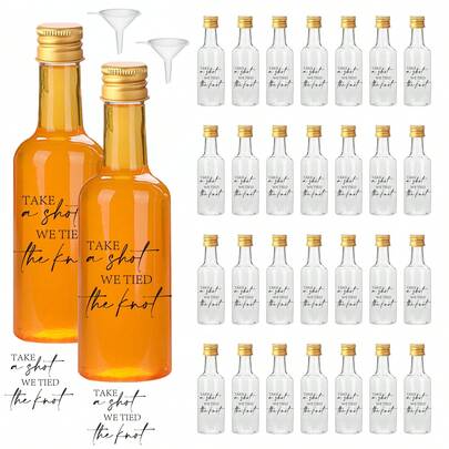 28/5pcs Mini Wedding Liquor Bottles With Lids, Beverage Dispensing Bottle,Small Plastic Bottles,Black Wedding Theme Labels,Portable And Lightweight,For Beverages, Juices, Spices, Sauces, Syrups,Ideal For Bridal Shower,Travel, Picnics, Camping Trips,Wedding, Party,