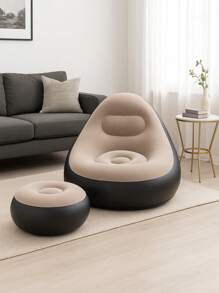 2pcs Set (Lounge Chair + Round Ottoman) Inflatable Flocked Sofa, Foldable Portable Slouchy Sofa With Footrest (No Air Pump), Suitable For Indoor/Living Room/Bedroom/Patio Leisure, Outdoor Travel/Camping/Beach