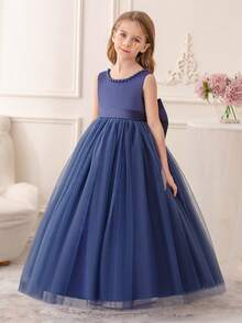 Tween Girl Navy Blue Bow Elegant Party Dress, Handmade Beaded Princess Gown, Suitable For Girls Birthday Gift, Banquet, Wedding, Bridesmaid, Graduation - Royal Blue - View 2