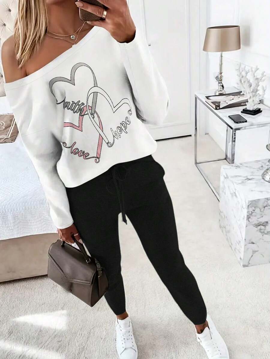 2pcs/Set Casual Printed Long Sleeve T-Shirt And Pants Outfit