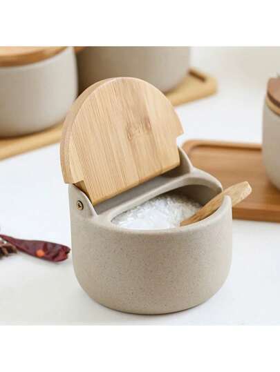 1/3/4 grova keramiska kryddburkar med träbricka, innehåller salt, socker, kycklingessens, torkad chili-förvaringsbehållare med skedar, lämplig för kök, matsal, utomhusgrill, återanvändbar
