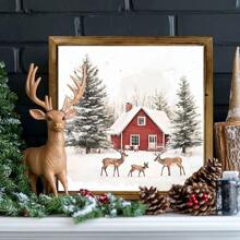 1 pieza Cuadro de madera con diseño de reno de 20x20cm - Letrero rústico de granja navideña, decoración nórdica hecha a mano para sala de estar y dormitorio, regalo de estilo cabaña acogedora para ella, decoración del hogar, decoraciones navideñas, decoración de habitación de invierno