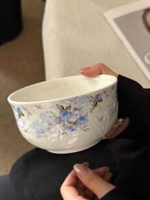 1 件法式复古花卉花瓣边缘浮雕白色陶瓷餐具、甜点、早餐、沙拉碗，带浮雕叶子