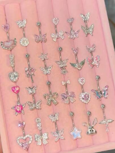 CIZME 1 件肚脐环，粉色各种款式吊坠肚脐环，14G 不锈钢可爱蝴蝶结心形翅膀吊坠肚脐穿孔首饰，适合女性，银色精致吊坠肚脐环身体穿孔礼物