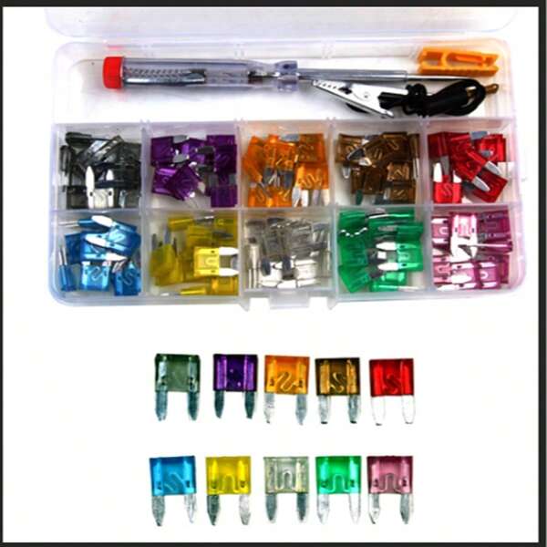 100 piezas de fusibles pequeños de aluminio en caja con 10 especificaciones de 3A-35A, probador de voltaje, clip de fusible amarillo