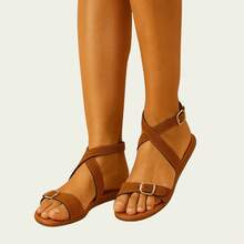 Women's Sandals With Cross Straps, Flat Buckle Closure, Comfortable, Casual - 駝色 - 查看 2