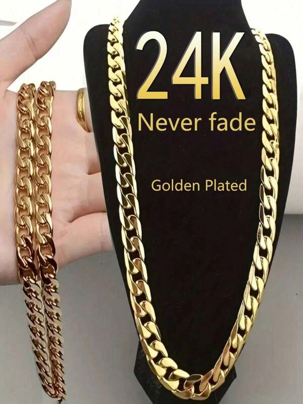 1pc 2025 New Arrival Stainless Steel Jewelry Necklace, Gold Plated Chain Necklace For Men, Hip Hop Necklace, Minimalist Chain Necklace, Gift, Punk Hiphop Style Thick Chain Necklace Set, Street Fashion Stainless Steel Necklace For Men