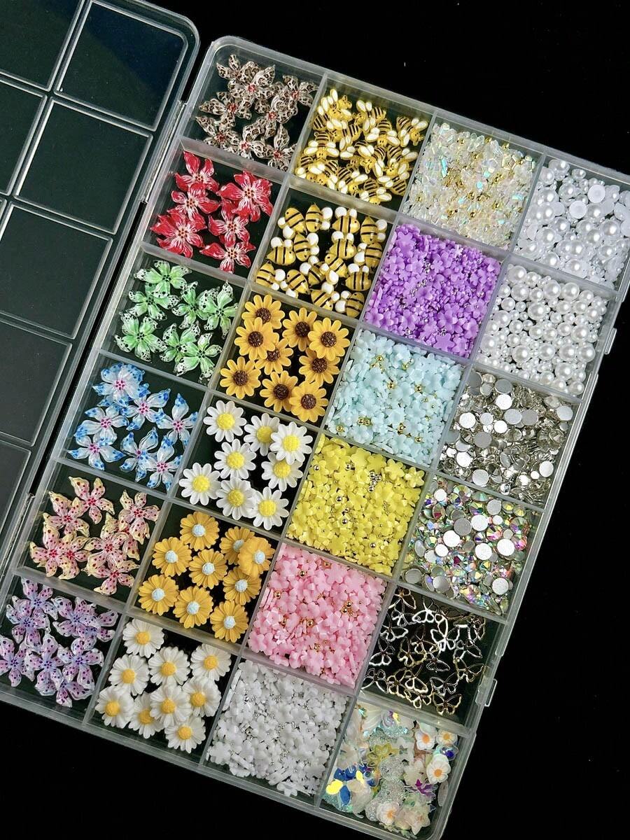 1Box Random Mixed ABS Cute Nail Charms 3D Yellow Bee Sunflower Little Daisy Flower Pearl Y2K Leopard-Print Flowers Round Rhinestone Nail Art Accessories DIY Suitable For Date Parties - 彩色 - 查看 1