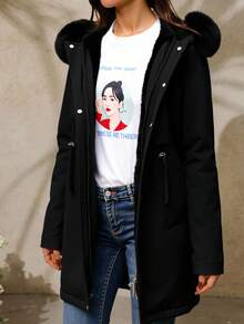 Abrigo de invierno informal de largo medio y corte regular para mujer con cuello de piel y capucha, cálido y resistente al viento, adecuado para ocasiones invernales al aire libre. - Negro - Ver 3