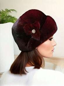 Faux Mink Fur Flower Hat, Fashionable Leather Warm Hat, Thick, Ear-Protective, Windproof, Solid Color, Washable - Suitable For Autumn/Winter Autumn Accessories