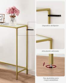 Mesa de Consola, Mesa de Entrada, Extremo del Sofá, Tablero de Vidrio Templado, Marco de Metal, Patas Ajustables, para Salón, Entrada, Pasillo, Dorado Pálido y Transparente - Dorado - Ver 4
