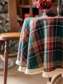 Cirelle 1pc Round Christmas Tablecloth, Classic Red & Green Plaid, Suitable For Christmas, Weddings, Parties And Other Dining Table Decor