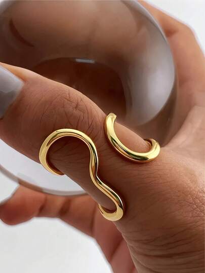 1pc Fashionable Asymmetric Wavy Curve Stainless Steel Adjustable Open Ring, Suitable For Women's Daily/Party Wear