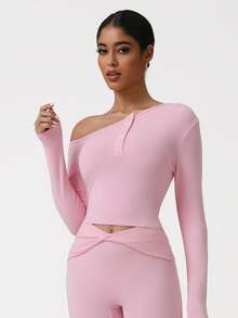 Sodalemon Women Slanted Shoulder Training Yoga Top Clothing 1 PC Long Sleeve Button Fitness Elastic Solid Color Workout Fitness T-Shirt - Pink - View 5