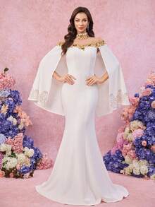 UNITHORSE UNITHORSE Women's Stand Collar Floating Piece Sleeve Appliques Slim-Fitting Knit Burlap Evening Dress