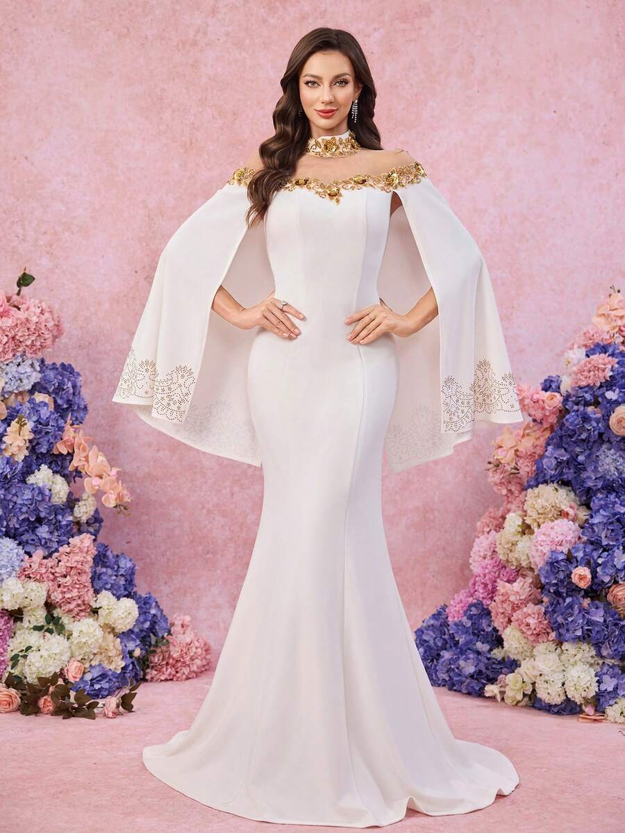 UNITHORSE UNITHORSE Women's Stand Collar Floating Piece Sleeve Appliques Slim-Fitting Knit Burlap Evening Dress