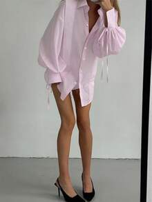 Stylowa bluzka z odkrytym przodem i przezroczystym kołnierzykiem, z rękawami typu latarnia, szykowna, lekka, tkana koszula na co dzień, randkę, imprezę, brunch, lotnisko, na każdą porę roku, wiosnę, lato, jesień i zimę