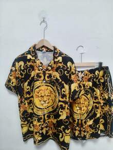 Bộ 2 trang phục mùa hè phong cách thường ngày cho nam, áo thun polo tay ngắn in họa tiết độc đáo và quần short, phong cách Hawaii - Nhiều màu - Xem 3