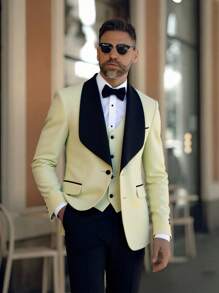 Men's  Gradient Graffiti 3-Piece Suit Set - Blazer, Vest & Stretch Waist Black Pants Edgy & Stylish