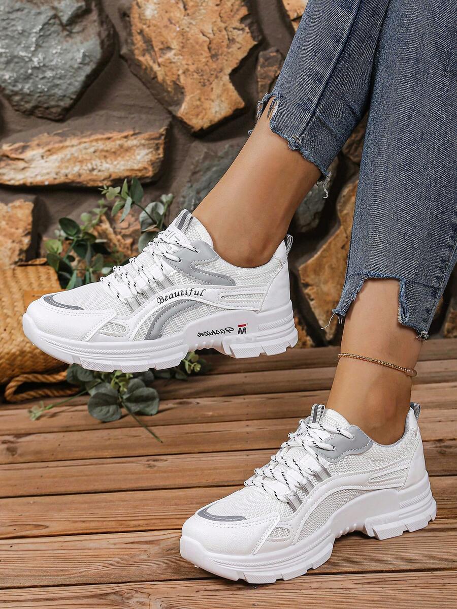 2025年新款秋冬女士透气网眼厚底运动鞋，百搭休闲白鞋 - 淺灰色 - 查看 1