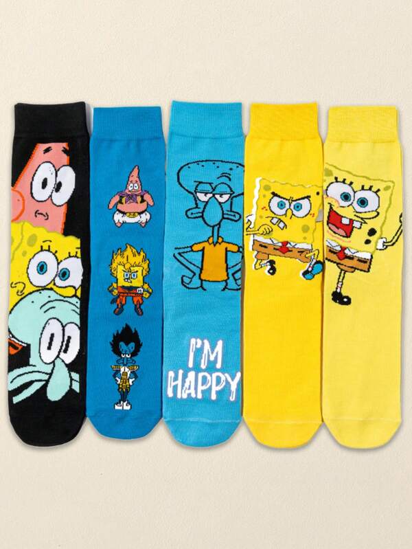 SPONGEBOB 5 Pairs Unisex Cartoon SpongeBob Square Pants Letter Print Mid-Calf Socks, Cute Anime Casual Socks For Couples & Friends, Suitable For All Seasons