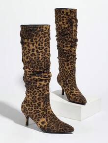 Fall/Winter 2025 Women's Fashionable Hot Selling Pointed Toe Pleated High Heel Suede & Leather Knee-High Slip On Boots, Black,Sexy,Kitten Heels,Party Outfits - Black Spot Color - View 8