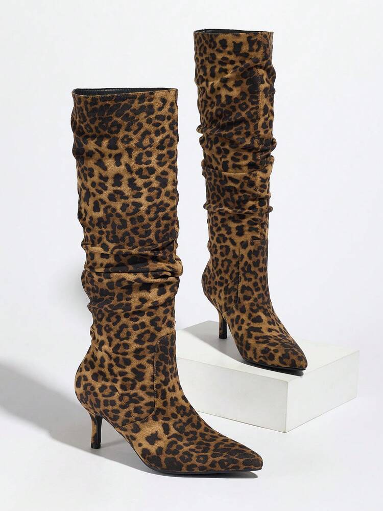 Fall/Winter 2025 Women's Fashionable Hot Selling Pointed Toe Pleated High Heel Suede & Leather Knee-High Slip On Boots, Black,Sexy,Kitten Heels,Party Outfits - Black Spot Color - View 7