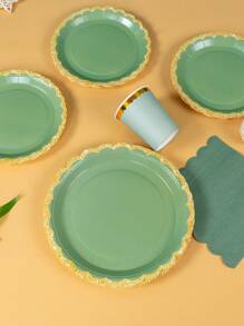 25 件/套绿色花瓣形金边一次性纸盘，绿色金边盘子、餐巾和杯子，适用于派对、生日、婚礼、家庭野餐 - 彩色 - 查看 4
