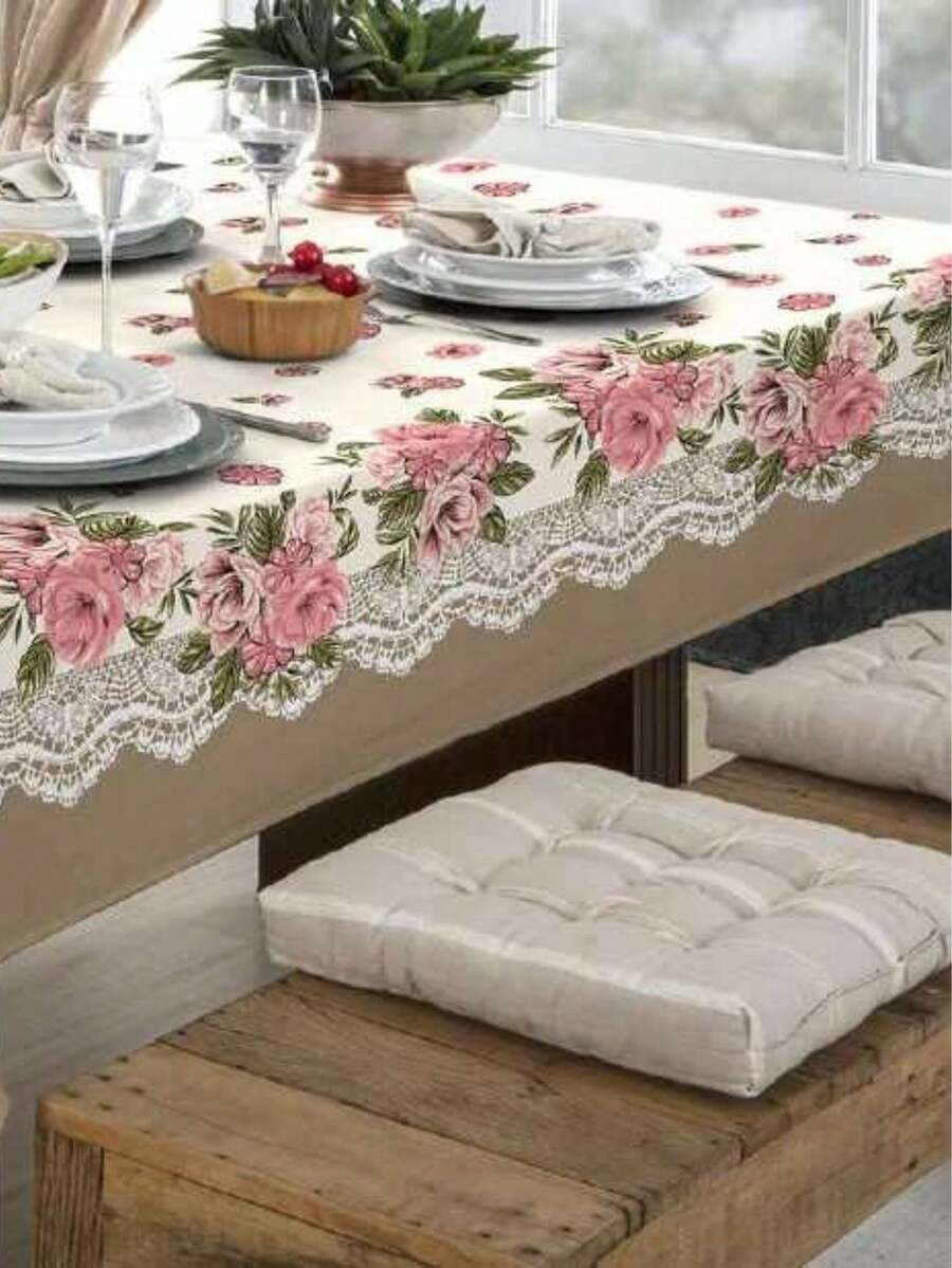 Rustic Oxford Luxury Linen Tablecloth 4/6/8 Seats Various Prints - Floral Rose - View 1