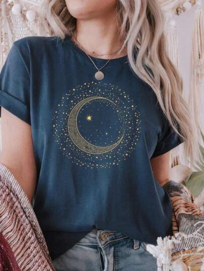Tshirt Feminina Estilosa Camisa Estampada Círculo de Lua e Poeira das Estrelas Estampada Lançamento Camiseta 100% Algodão Camisetão Solta Oversized Plus Size Camiseta
