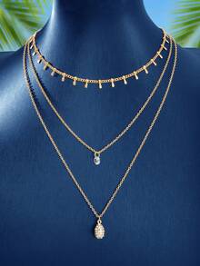 3pcs Set Women Gold Multilayer Chain Water Drop Pendant Necklace, Suitable For Daily, Social, And Gathering Occasions - Gold - View 2