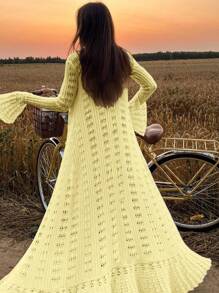 Apperloth A Apperloth Un nuevo llegado Elegante suéter ligero Cárdigan de punto de mujer Cuello bajo Mangas acampanadas Sólido Calado Botón delantero Tops largos para vacaciones Uso casual diario Primavera/Verano