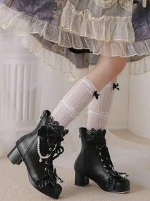 Platform Sweet Bow  Ankle Boots For Women Lace Goth Chunky Mid Heel Boots With Pearl Comfort Lace Up Princess Booties - Black - View 9